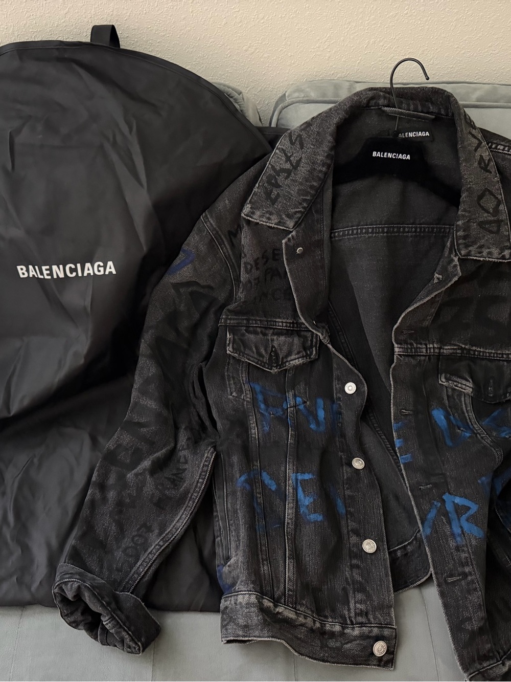 Balenciaga Black Denim Jacket with Blue Graffiti Accents